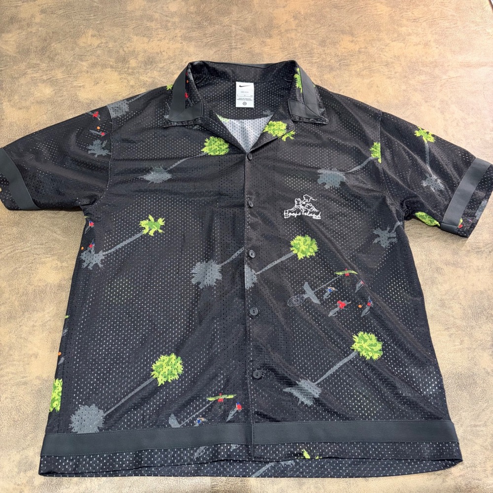 Nike Button Up Shirt Mens Small Black Hoops Island Dri-FIT Mesh Basketball Polo